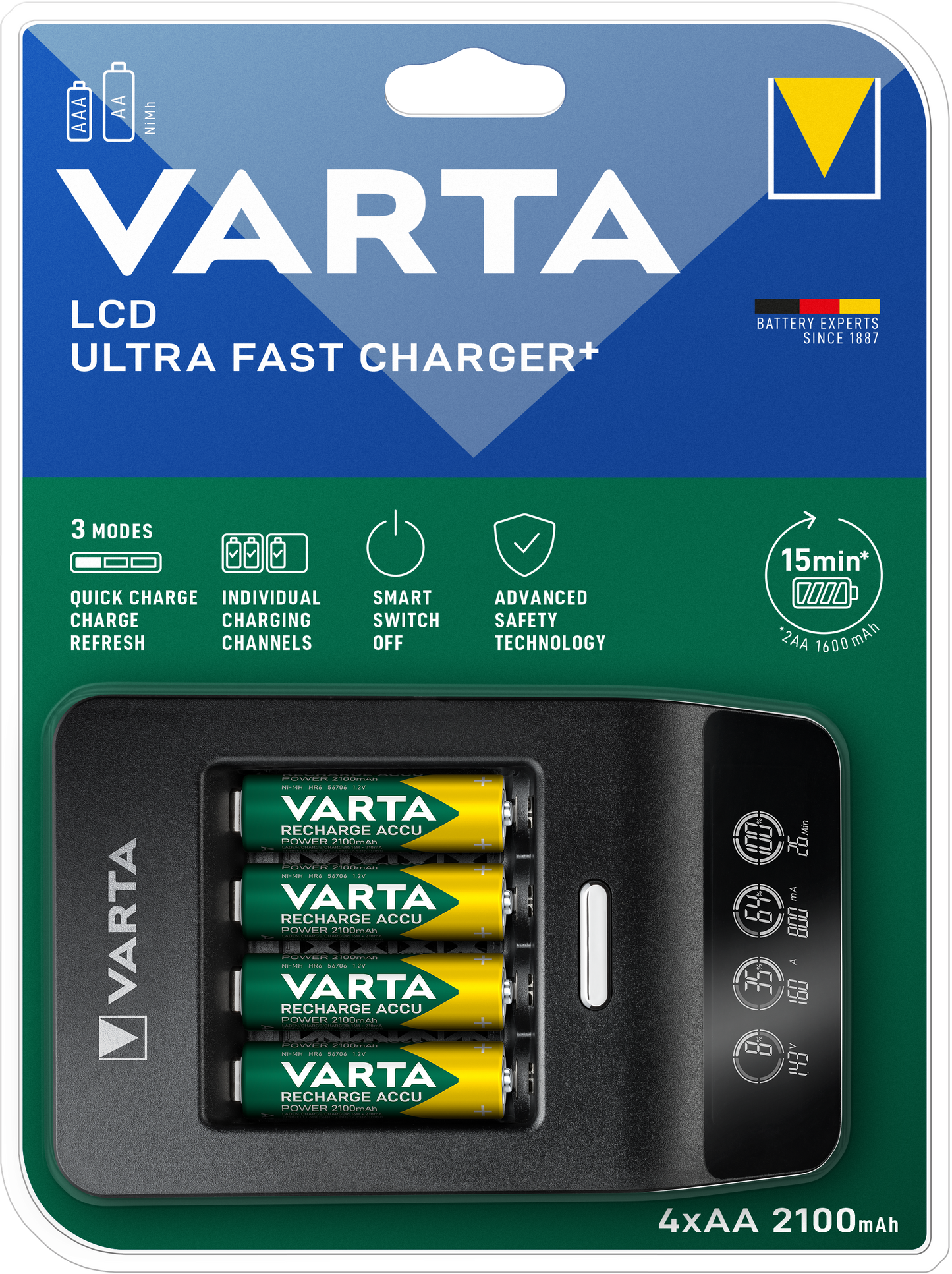 Varta - LCD 15min Ultra Fast Charging + 4 AA 2100 mAh